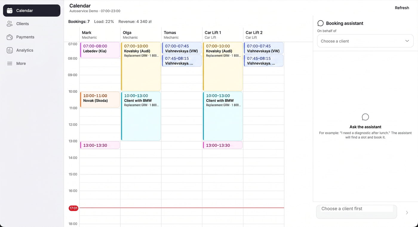 The Slotwise macOS calendar for an autoservice demo: bookings laid out in colour-coded blocks across columns per mechanic and car lift, a bookings/load/revenue strip above, and the booking assistant panel on the right