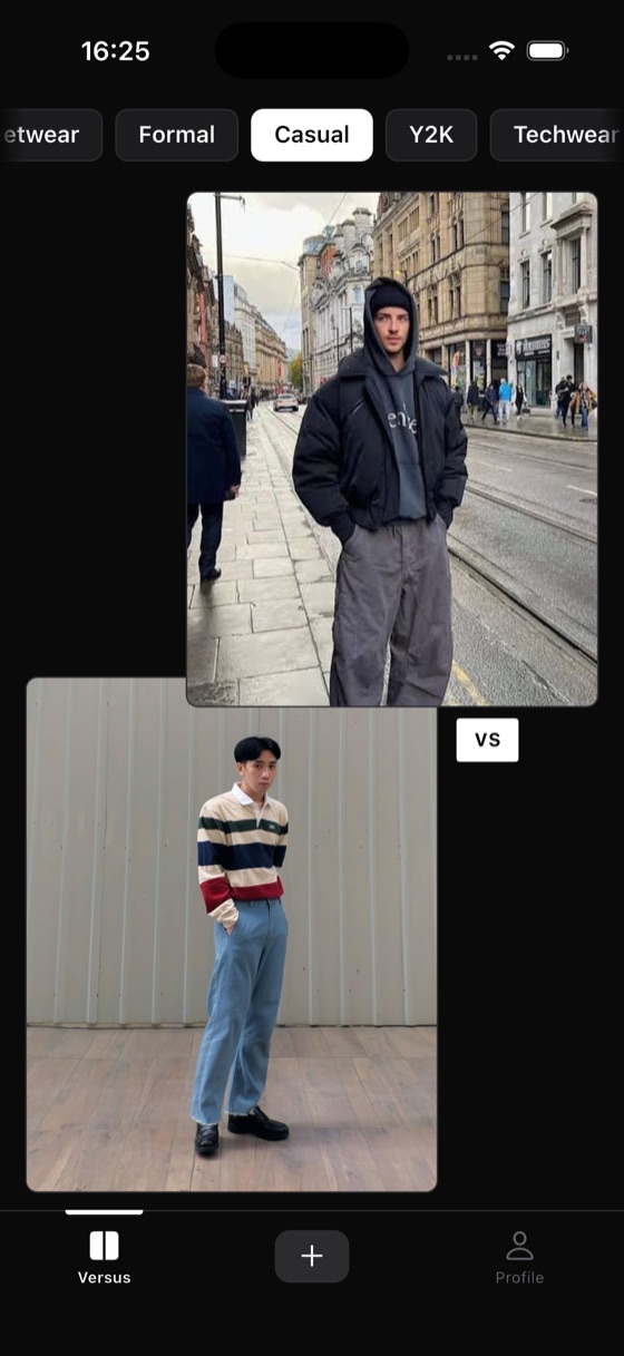 The VERSED versus screen: two outfit photos pitted against each other under a VS badge, with category tabs — Formal, Casual, Y2K, Techwear — across the top